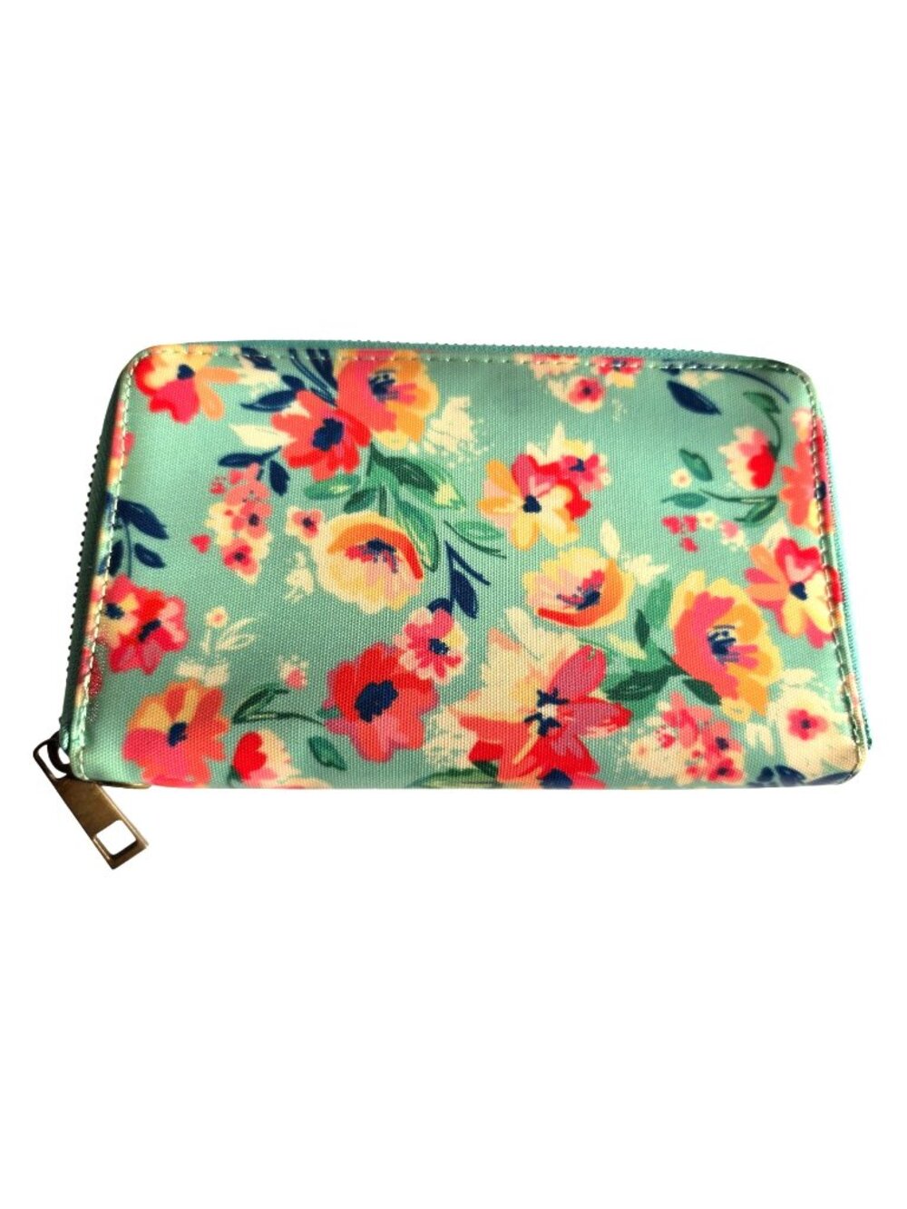 Wander Wallets Aqua Floral Coated Canvas Zip Around Wallet Organizer - Picture 1 of 4